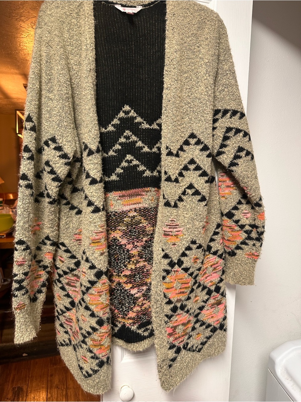 No Boundaries Beige Aztec Open-Front Cardigan with Coral Accents